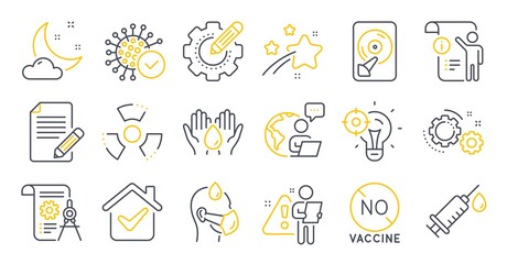Set of Science icons, such as Coronavirus, Seo idea, Medical syringe symbols. Article, Divider document, Safe water signs. Settings gear, Chemical hazard, No vaccine. Gears, Night weather. Vector