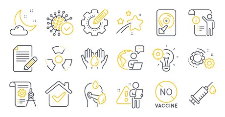 Fototapeta premium Set of Science icons, such as Coronavirus, Seo idea, Medical syringe symbols. Article, Divider document, Safe water signs. Settings gear, Chemical hazard, No vaccine. Gears, Night weather. Vector