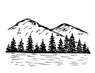 Simple vector ink sketch in engraving style. Mountain lake shore, coniferous tree. Landscape, nature, tourism and travel. For printing, postcards, labels. Black outline drawing.