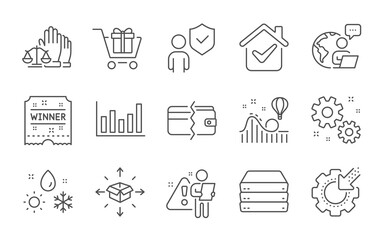 Payment methods, Roller coaster and Servers line icons set. Shopping cart, Security and Winner ticket signs. Weather, Parcel delivery and Work symbols. Seo gear, Court jury and Column chart. Vector
