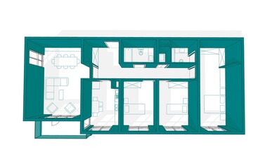 Illustration of three bedroom flat with balcony.  3BHK architectural 3D plan perspective with elevated walls. Cyan colored walls in white background.