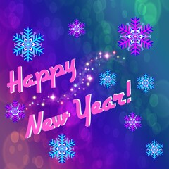 Happy New Year greetings on fractal background with snowflakes and gradients