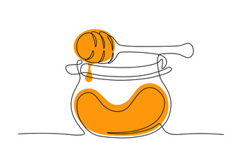 One line drawing of honey in jar with dipper drip. Sweet organic raw honey icon, contemporary outline design natural food store concept. Healthy vegan supplement vector illustration