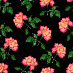 Möbelaufkleber Seamless pattern with pink roses on the black background. Floral pattern for fabric or wallpaper. Watercolour illustration hand painted. Perfect for backgrounds, textures, wrapping paper, patterns. © Nadezhda St.