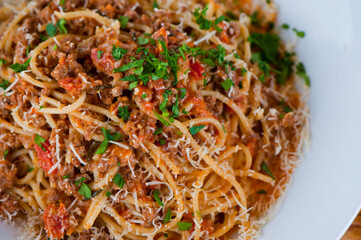 Pasta with meatballs, marinara sauce, Parmesan cheese and fresh Italian parsley. Classic American or Italian restaurant favorite. Homemade pasta with sauces, meats and cheeses.