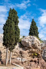 Athens, Greece. Stone stairway to Areopagus hill, blue sky in a sunny day.