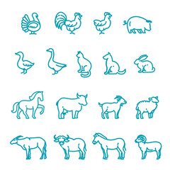 Farm animals, thin line style, flat design. vector icon set