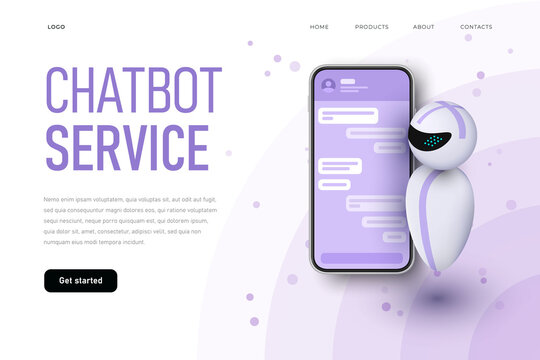 Chatbot service landing page tempalte with levitating robot. Future chatbot concept
