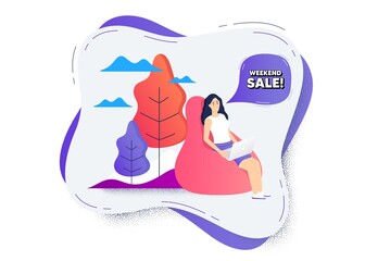 Weekend Sale. Remote online work icon. Woman working at laptop. Special offer price sign. Advertising Discounts symbol. Online work icon. Weekend sale banner. Vector