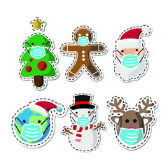 Vector image. Different Christmas drawings with a mask. Christmas with mask.