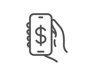Money app line icon. Hand hold phone sign. Cellphone with screen notification symbol. Quality design element. Linear style money app icon. Editable stroke. Vector