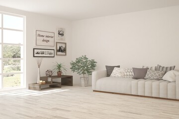 White living room with sofa. Scandinavian interior design. 3D illustration