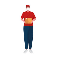 delivery worker wearing medical mask lifting box vector illustration design