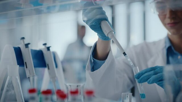 Medical Research Laboratory: Focus Shifting from Female Scientist Working to Male Scientist Looking Under Micrsocope. Advanced Scientific Lab Biotechnology, Medicine, Microbiology, Drugs Development