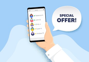 Special offer symbol. Hand hold phone with contacts list. Sale sign. Advertising Discounts symbol. Special offer chat bubble. Smartphone with online friends list. Characters of people. Vector