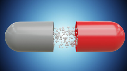 red and white antibiotic medicine pill capsules on blue background for care health. 3D rendering Illustration