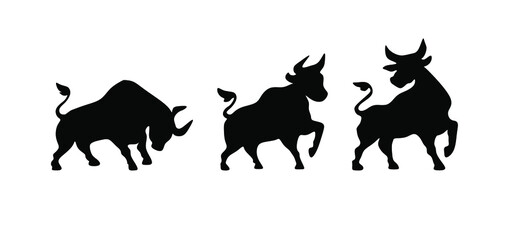 Black vector bull silhouette drawing illustration. Sign. Symbol of the year 2021. Vinyl wall sticker decal, t shirt print, laser cutting, tattoo,  stencil decoration element.  Bulls logo icons .