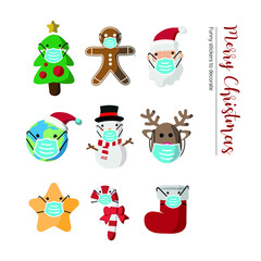 Vector image. Different Christmas drawings with a mask. Christmas with mask.