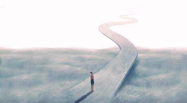 Concept art of  success hope dream way and ambition , surreal landscape painting,  woman with floating road , imagination artwork, conceptual illustration, mystery scenery