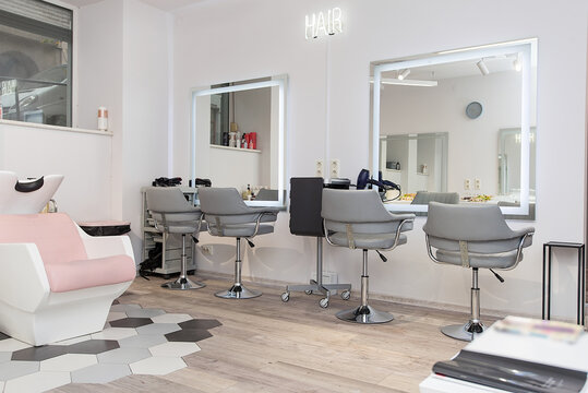 Workplace For Haircut In Barbershop, With Backlit Mirror