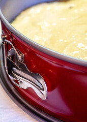 red spring form cake tin with batter inside 