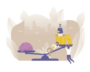 Metaphor picture. Brain is more than money. Vector illustration with Web communication idea for telework, remote working, social media, finance, business and money

