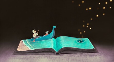 Education￼ learning dream hope inspiration and freedom concept, boy with ￼imagination book. surreal painting. Fantasy art, conceptual artwork, happiness of child illustration  © Jorm Sangsorn