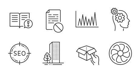 Fan engine, Line graph and Hold box line icons set. Thoughts, Facts and Wrong file signs. Buildings, Seo symbols. Ventilator, Market diagram, Delivery parcel. Business set. Quality line icons. Vector