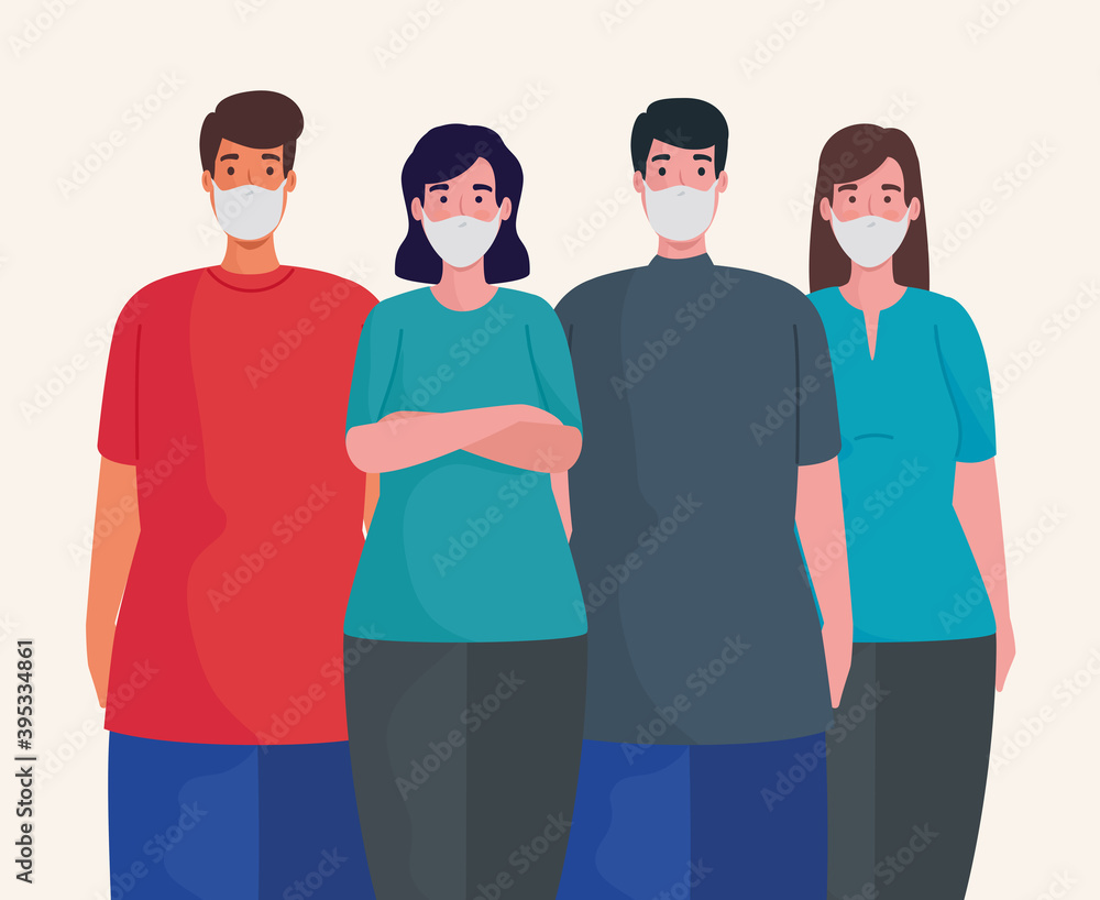 Sticker group of people wearing medical masks characters vector illustration design