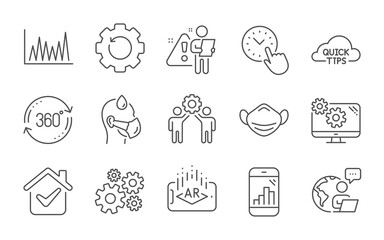 Medical mask, Time management and Full rotation line icons set. Settings, Sick man and Recovery gear signs. Employees teamwork, Line graph and Augmented reality symbols. Line icons set. Vector