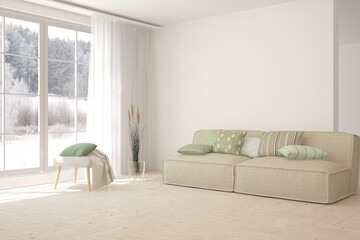 White living room with sofa and winter landscape in window. Scandinavian interior design. 3D illustration