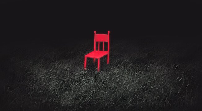 Lonely chair in a field. depression alone sad and loneliness concept, surreal artwork, conceptual illustration art
