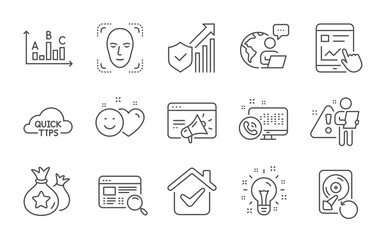 Fototapeta na wymiar Idea, Smile and Security statistics line icons set. Loyalty points, Website search and Seo marketing signs. Recovery hdd, Survey results and Face detection symbols. Line icons set. Vector