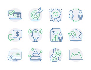 Education icons set. Included icon as Ranking star, Online survey, Business report signs. Pyramid chart, Report statistics, Chemistry lab symbols. Workflow, Microphone, Target goal. Vector