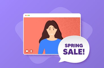 Spring Sale. Video conference online call. Special offer price sign. Advertising Discounts symbol. Woman character on web screen. Spring sale speech bubble. Video chat screen. Vector