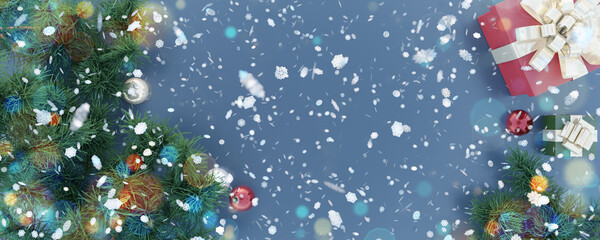 flat lay composition with christmas balls, conifer branches, snowflakes, on blue muted background, bokeh lights around