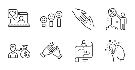 Customer satisfaction, Sallary and Journey path line icons set. Idea, Helping hand and Friends chat signs. Clapping hands, Discount symbols. Quality line icons. Customer satisfaction badge. Vector