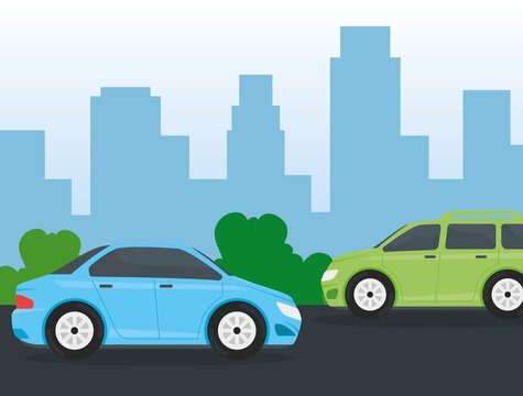 cars vehicles traveling on the city vector illustration design