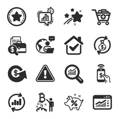 Set of Finance icons, such as Accounting report, Add products, Loyalty star symbols. Phone payment, Bitcoin project, Update data signs. Statistics timer, Data analysis, Money exchange. Vector