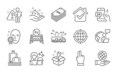 Cleaning, Baggage reclaim and Truck delivery line icons set. Seo internet, Eu close borders and Click hand signs. Skin care, 24h service and Face verified symbols. Line icons set. Vector