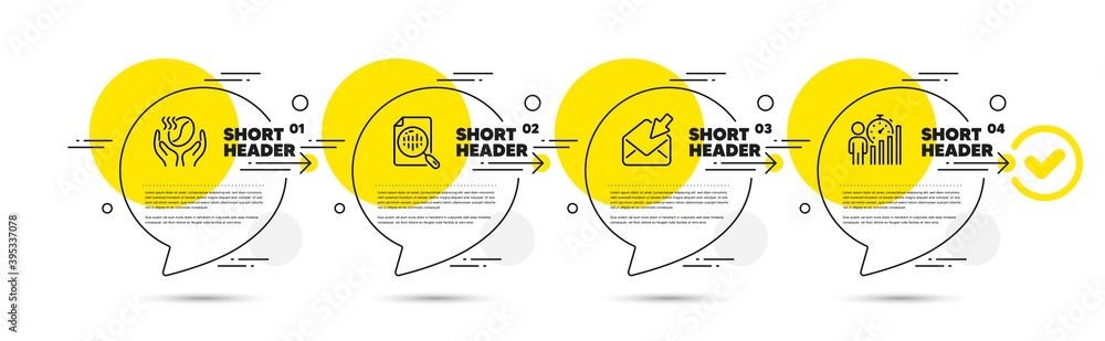 Poster coffee, analytics chart and open mail line icons set. timeline infograph speech bubbles. business st