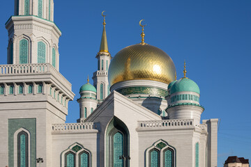 Domes Moscow Cathedral Mosque, white marble. The largest mosque in Russia