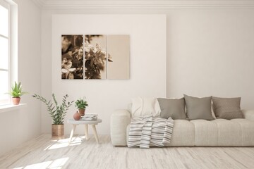 White living room with sofa. Scandinavian interior design. 3D illustration