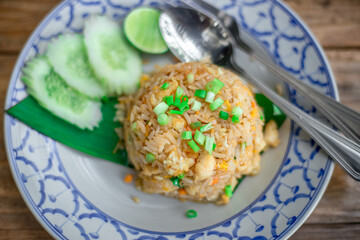 The background of fried rice dishes and cold drinks seen in rural restaurants, delicious taste during travel.