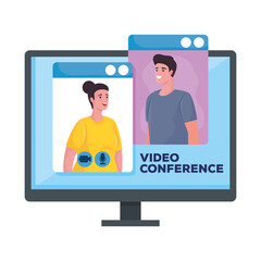 couple in desktop for meeting online in display vector illustration design