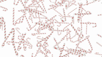 lots of red green candy canes floating in the air, sweets scattered on a white background,