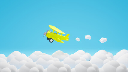 3d rendering yellow plane fly with cloud.