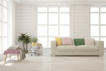 White living room with sofa. Scandinavian interior design. 3D illustration