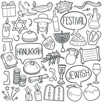 Hannukah doodle icon set. Jewish Festival Vector illustration collection. Religion Banner Hand drawn Line art style.