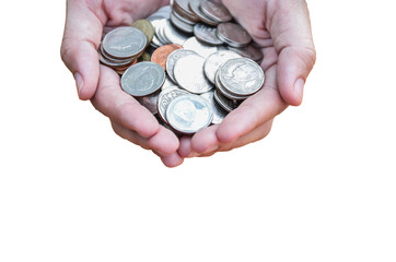 Pile of coins (Thai coins) in female hand isolated on white background.